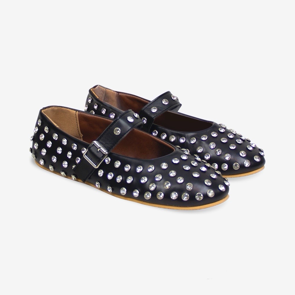 Miu Crystal Embellished Ballet Flat in Black Faux Leather - US 5 / EU 36